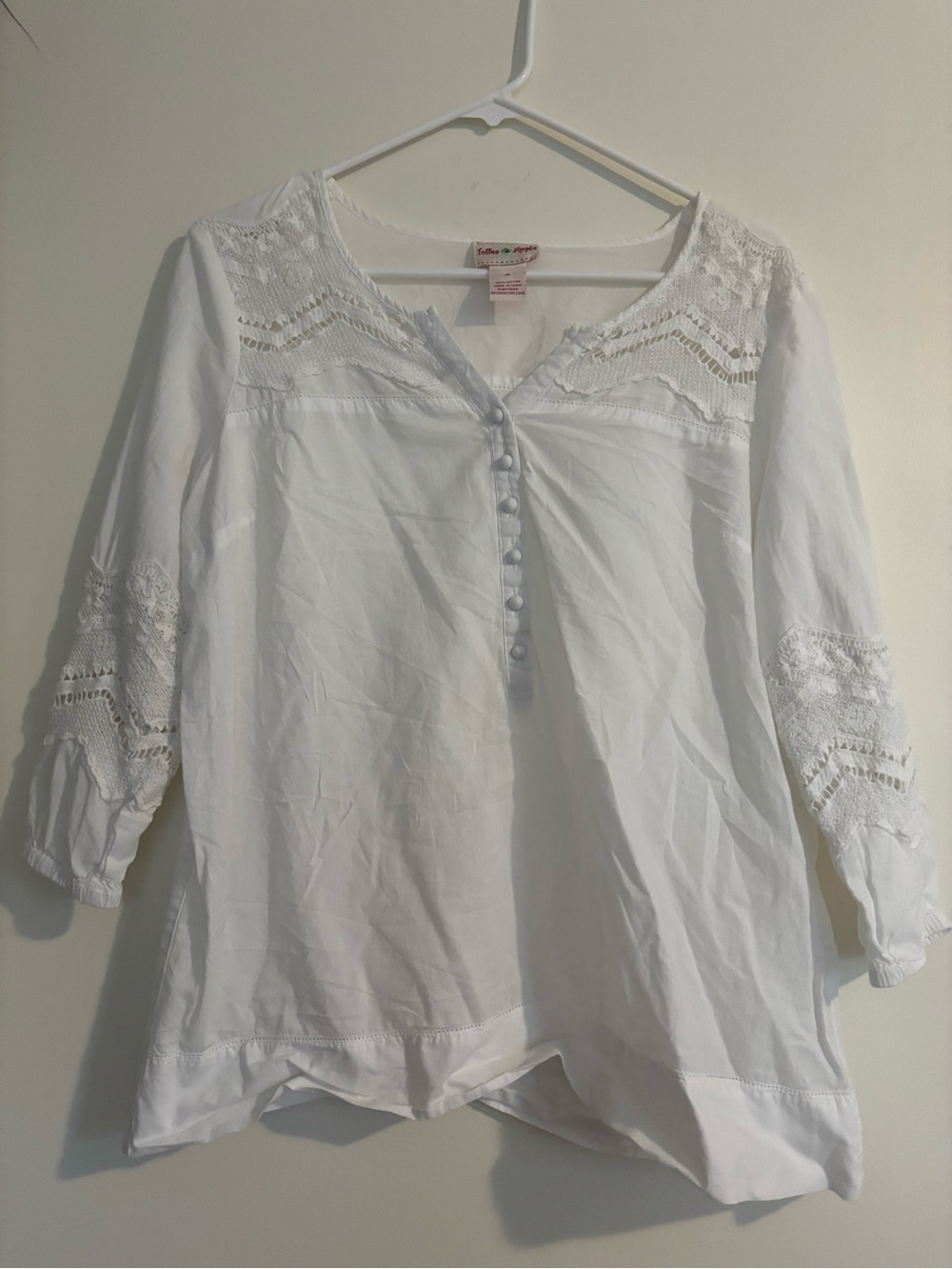 White Crochet-Yoke Button Front Peasant Blouse